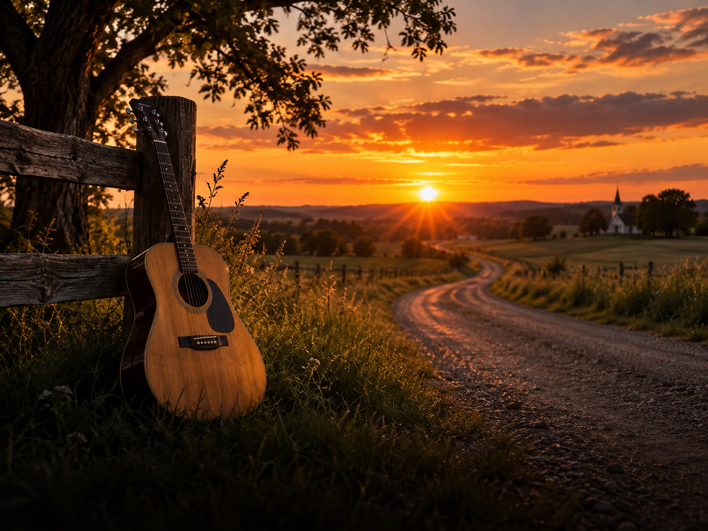 An acoustic guitar beside a quiet country road at sunset