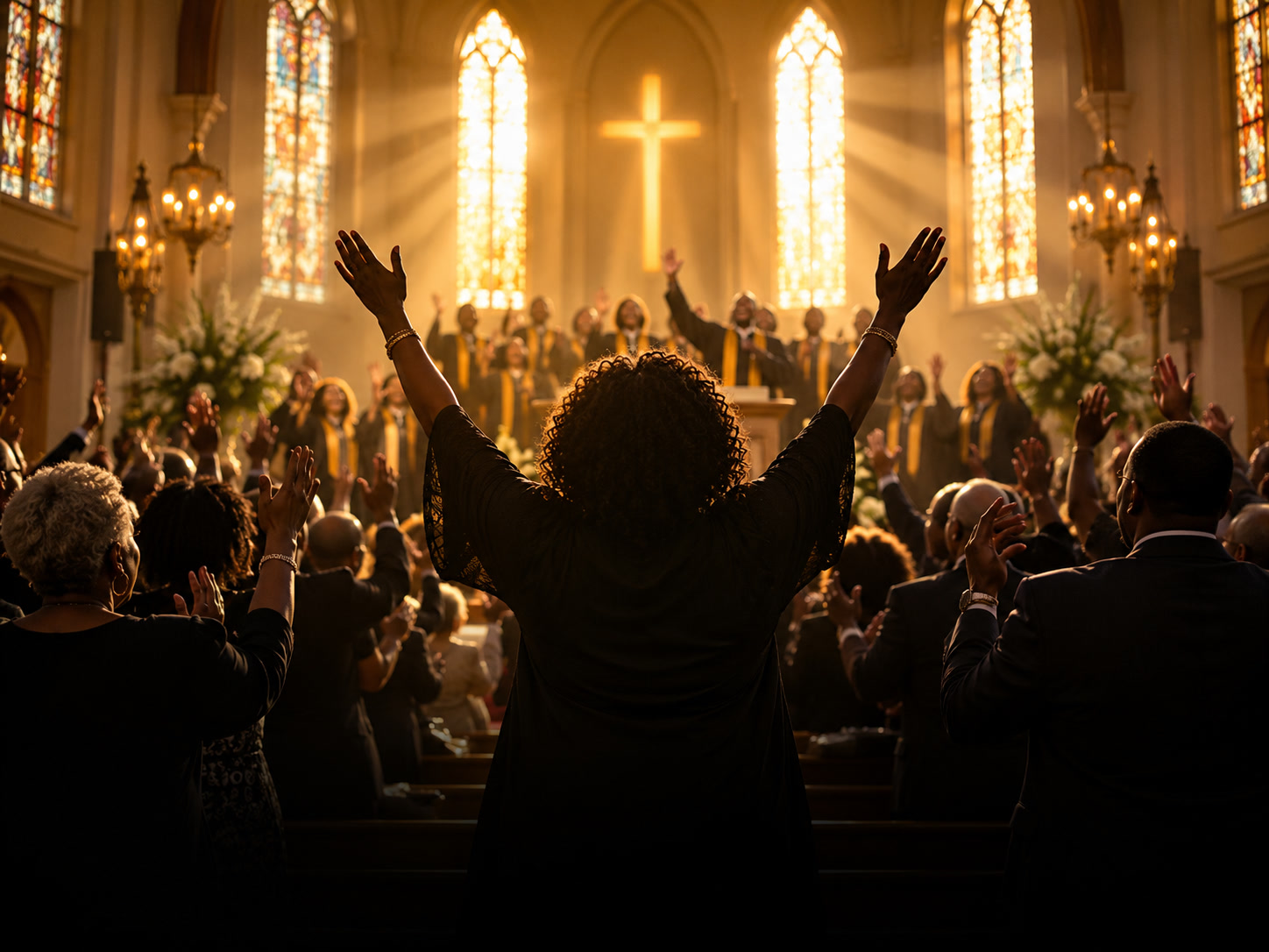 A congregation worshipping in a warmly lit church