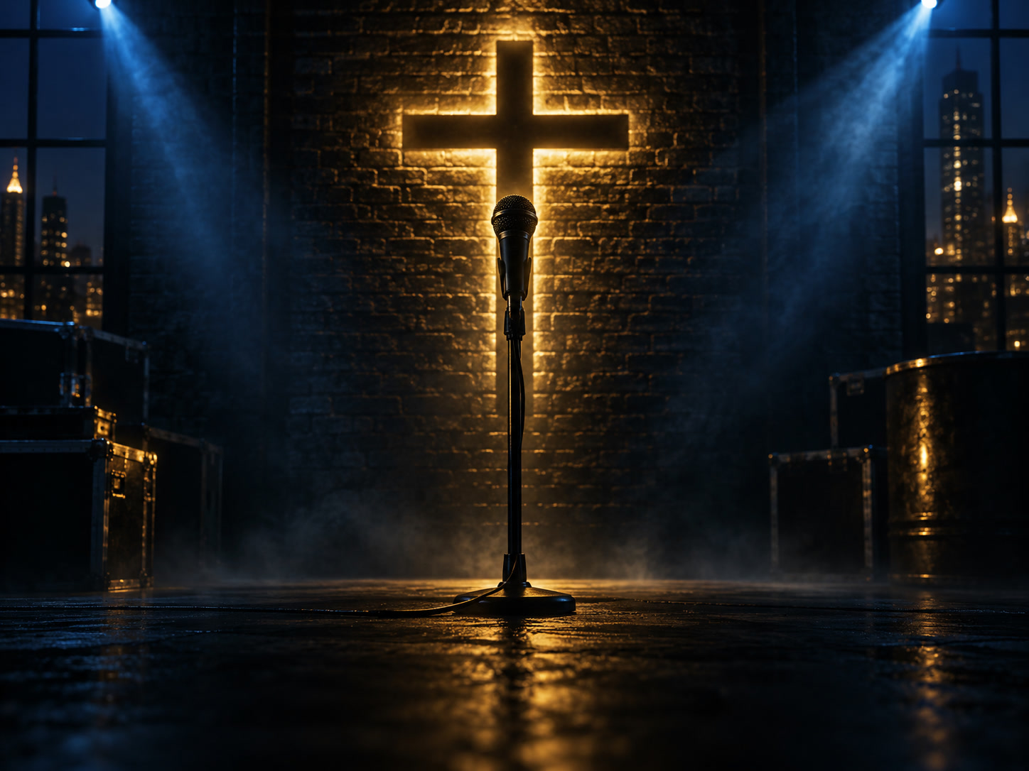 A dark brick wall with dramatic blue and gold light