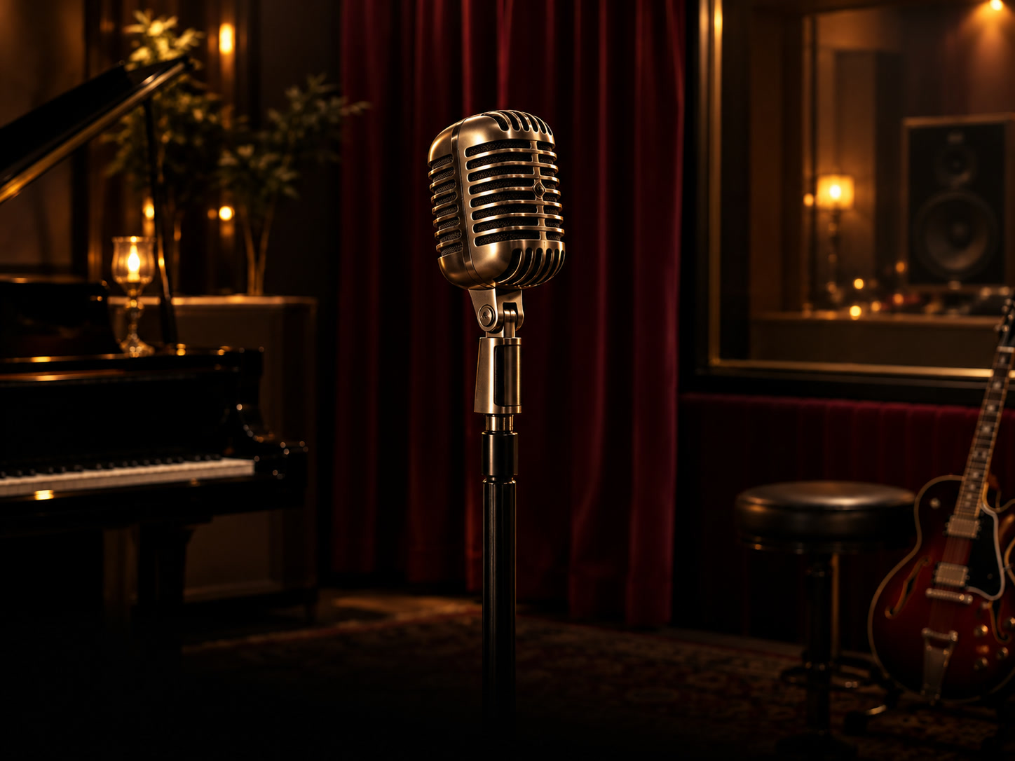 A vintage studio microphone in dramatic light